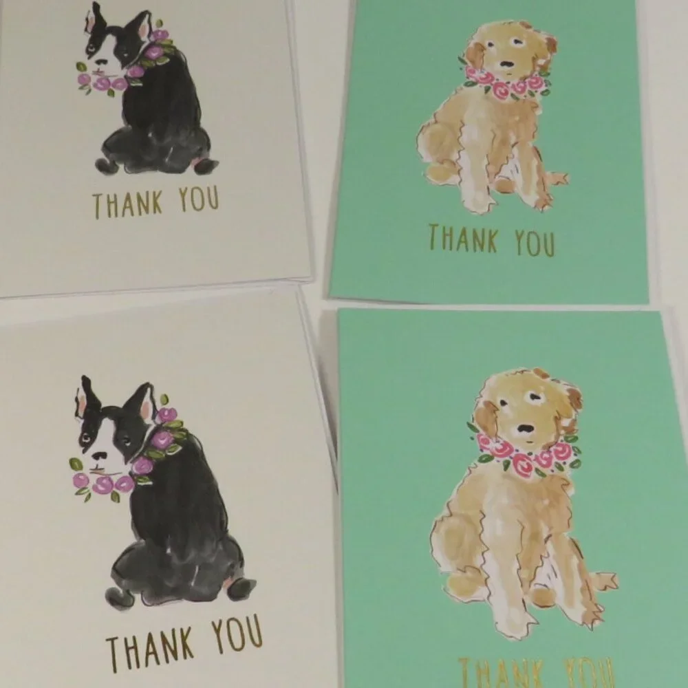 Pastel Dog (8) Note Cards THANK YOU Gold Blank inside Puppy